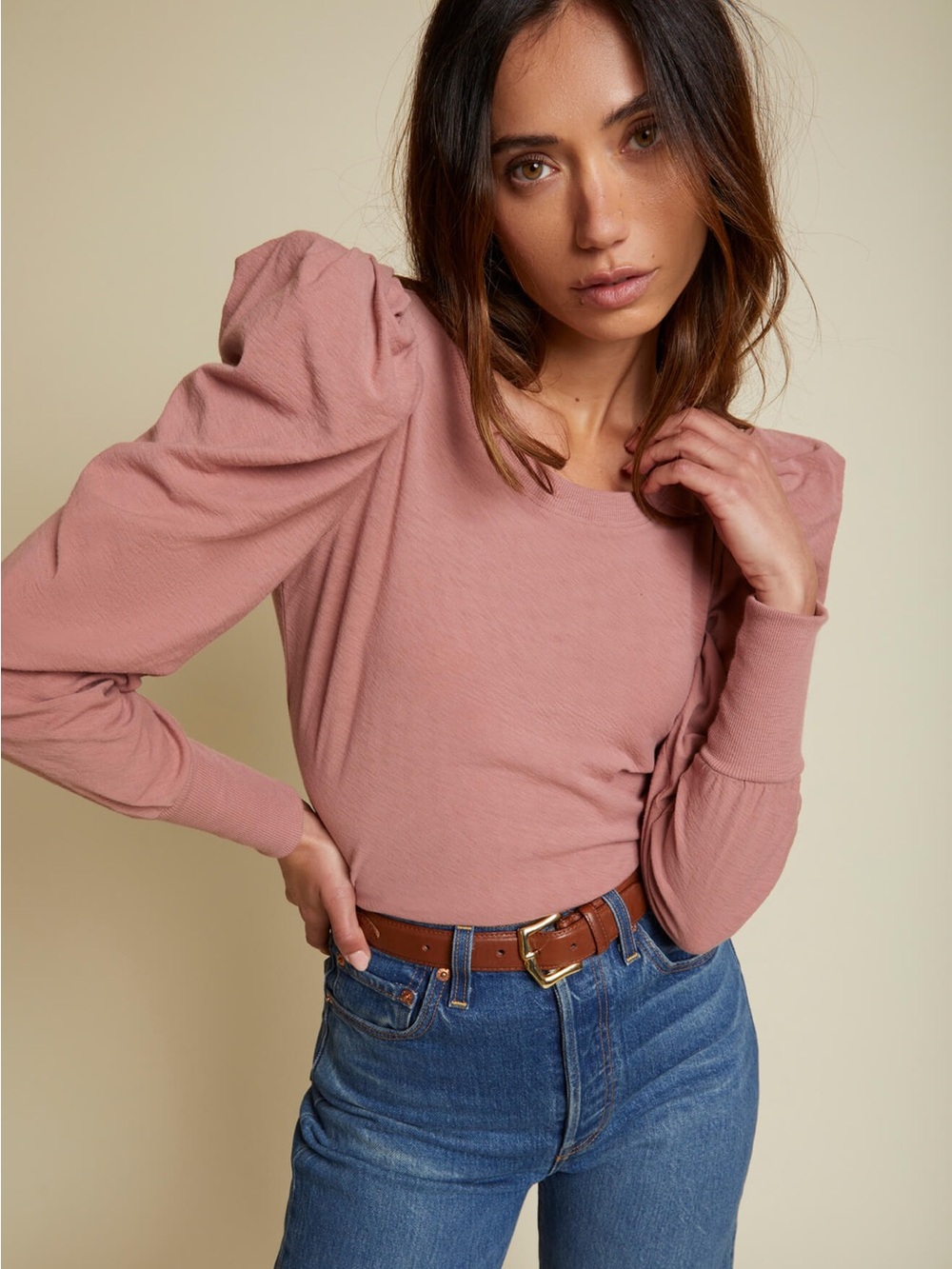 Nation LTD Puff-Sleeve Crewneck Top in Dusty Rose